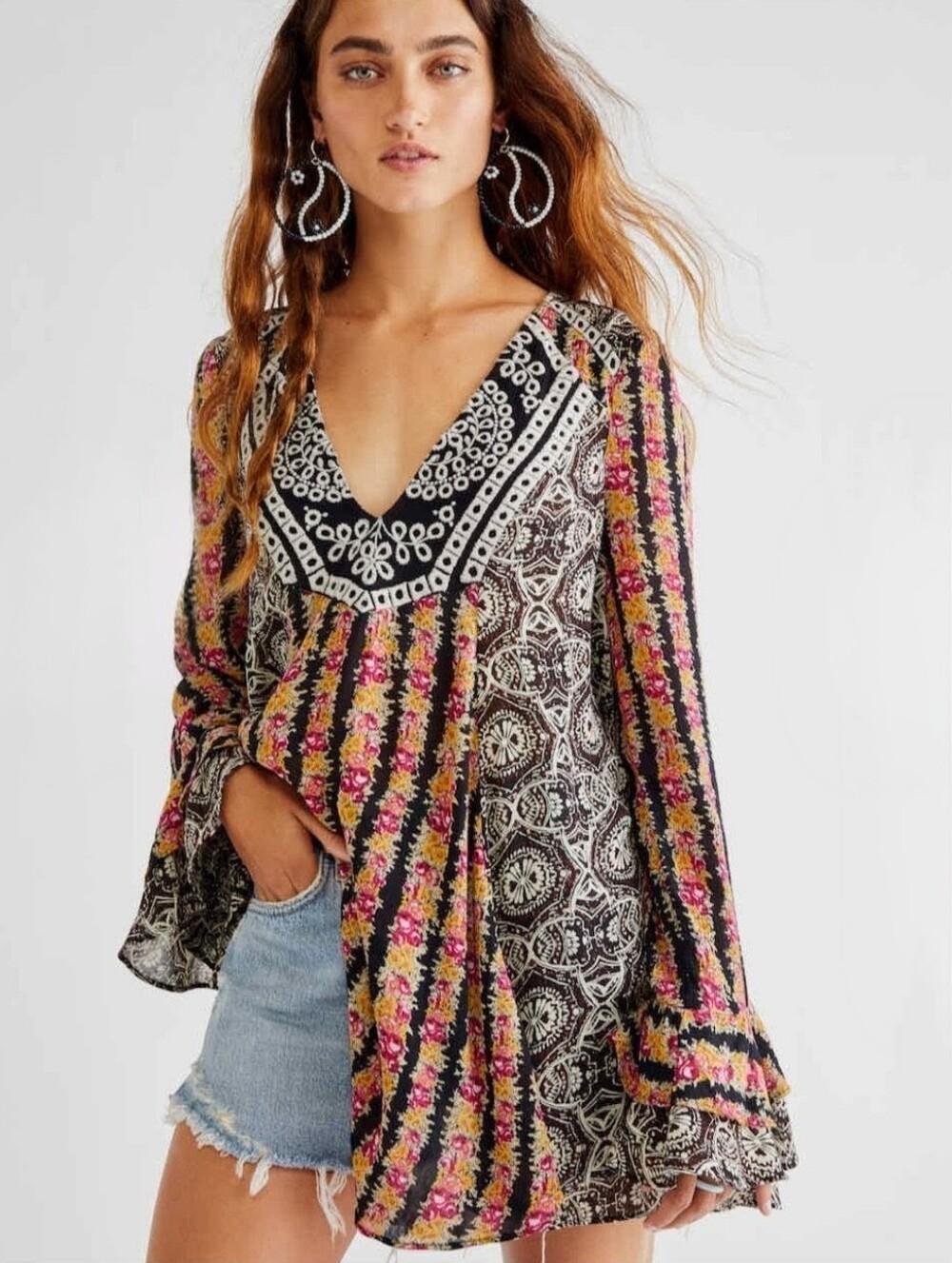 Free People Fallin Into You Tunic Embroidered Mixed Print Boho Ruffle Size Small